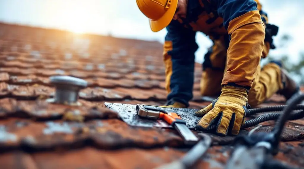 A professional roofing inspector checking asphalt shingles on a West Jordan home under clear skies.