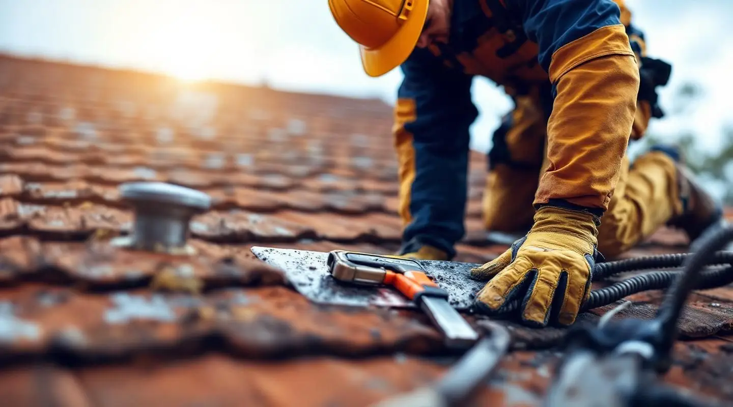 A professional roofing inspector checking asphalt shingles on a West Jordan home under clear skies.