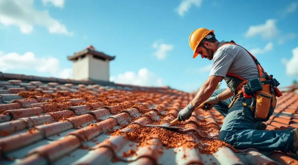 Professional roofing crew installing durable Spanish clay tile roofing on a commercial facility in West Jordan, Utah.