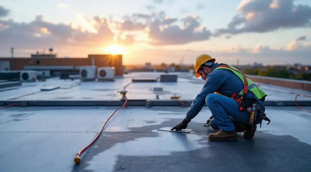 A professional roofing crew installing a durable flat TPO roof on a West Jordan commercial building under bright sunlight.