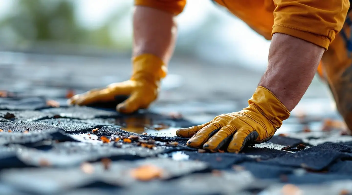 A professional roofer securing a heavy-duty tarp over storm-damaged shingles on a home in West Jordan, Utah.