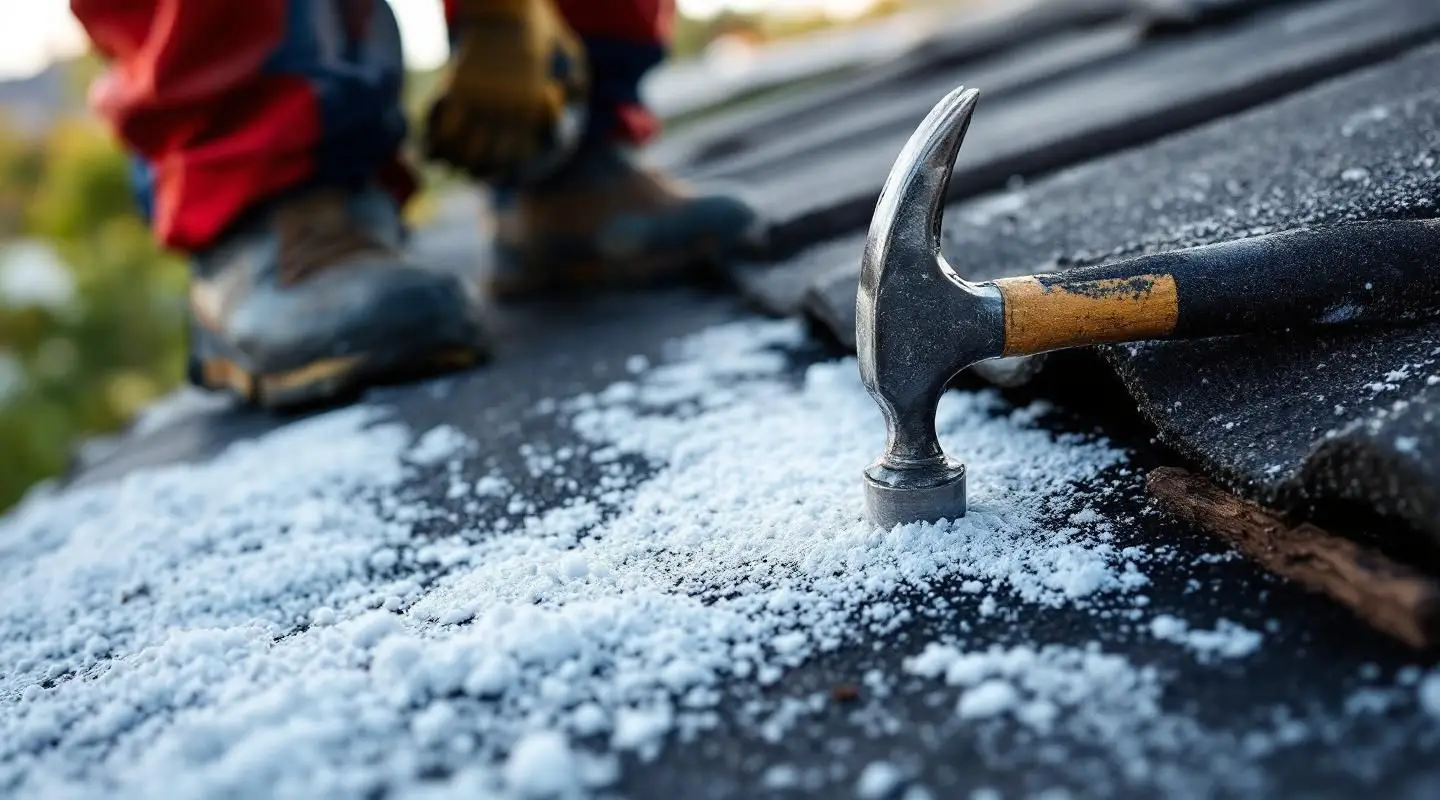 A professional roofer carefully inspecting and sealing damaged shingles on a residential roof in West Jordan under clear skies.