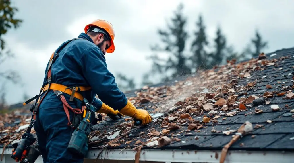 Pro Star Roofing team repairing wind-damaged shingles on a residential roof in West Jordan under a clear Utah sky.