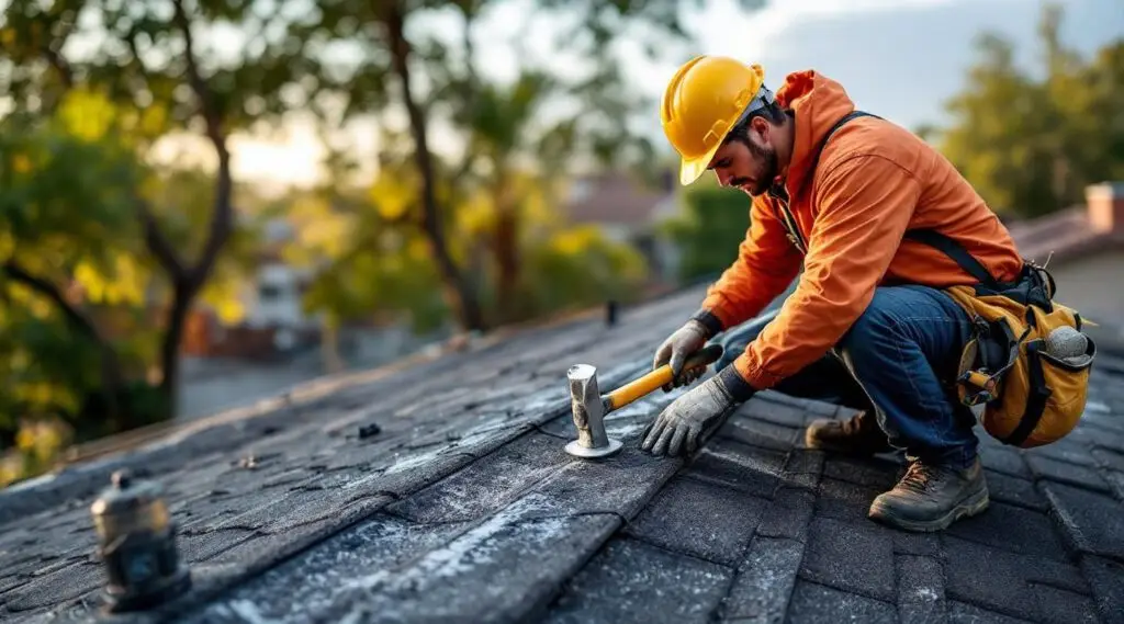 A professional roofer replacing wind-damaged asphalt shingles on a residential roof in West Jordan.