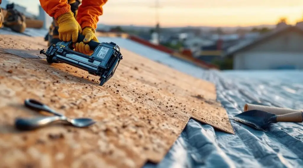 Professional roofing crew installing architectural shingles on a West Jordan home under clear Utah skies.