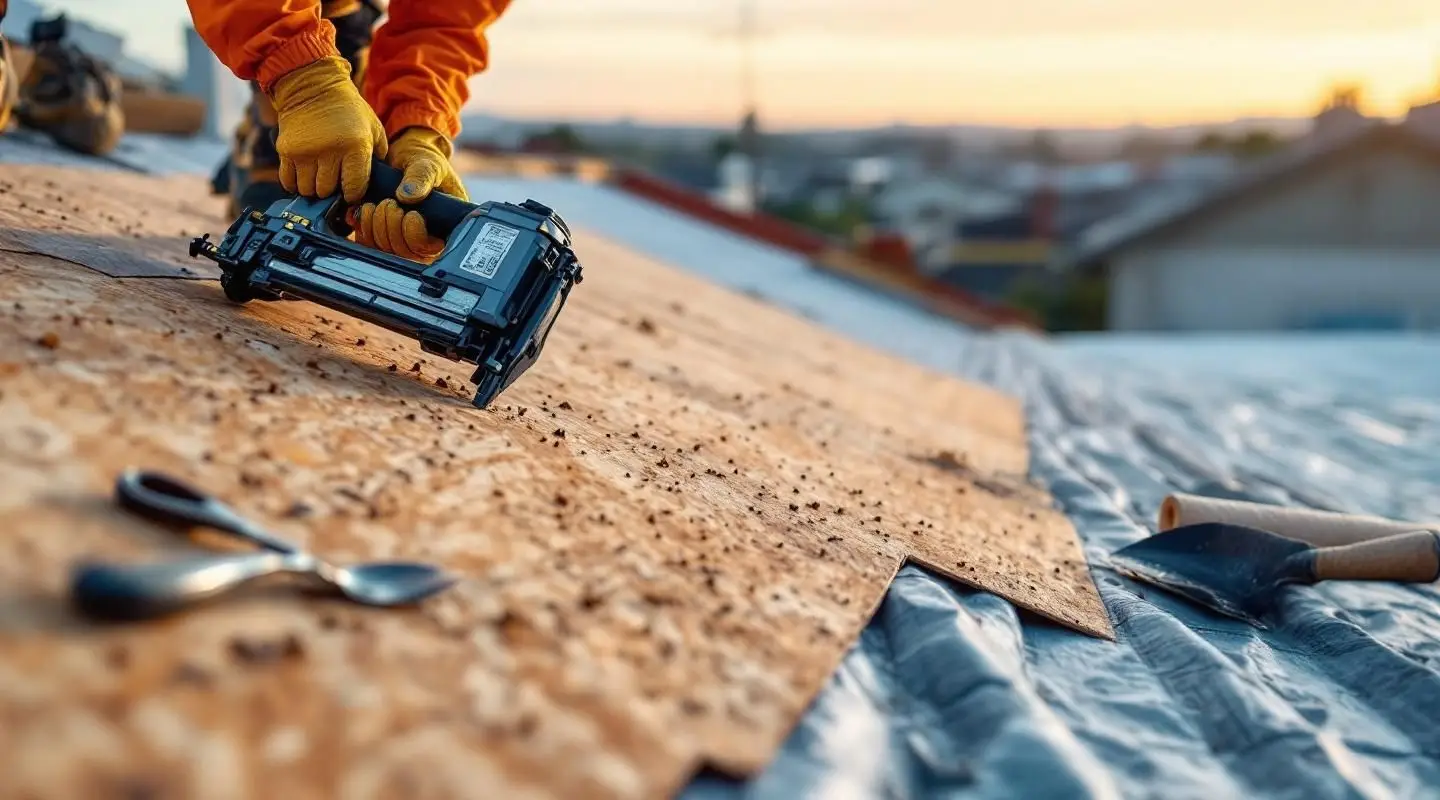 Professional roofing crew installing architectural shingles on a West Jordan home under clear Utah skies.