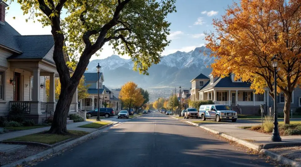 A residential street in Riverton, Utah with Wasatch Range views, featuring a home undergoing asphalt shingle replacement
