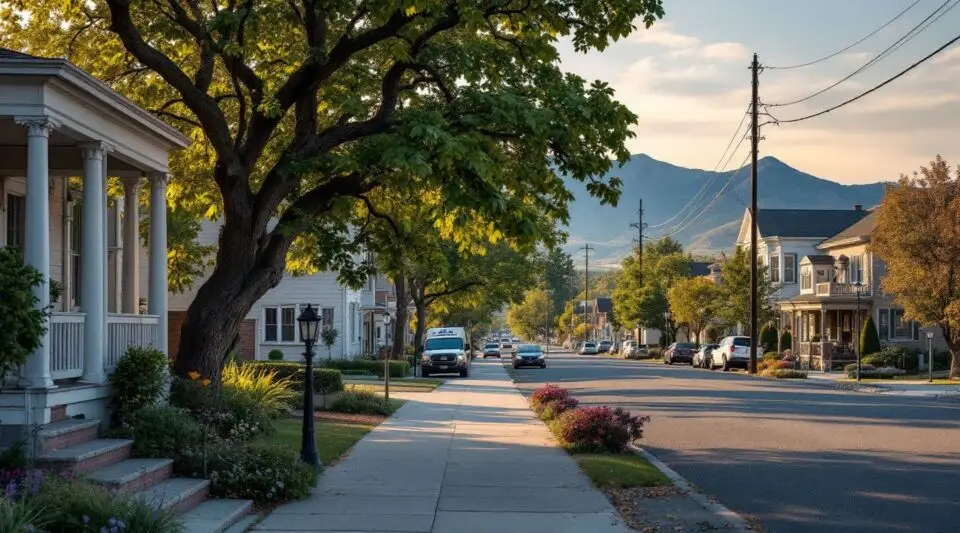 A residential street in Magna, Utah with mid-century ranch homes showing clean asphalt shingle roofs under the Oquirrh Mountains.