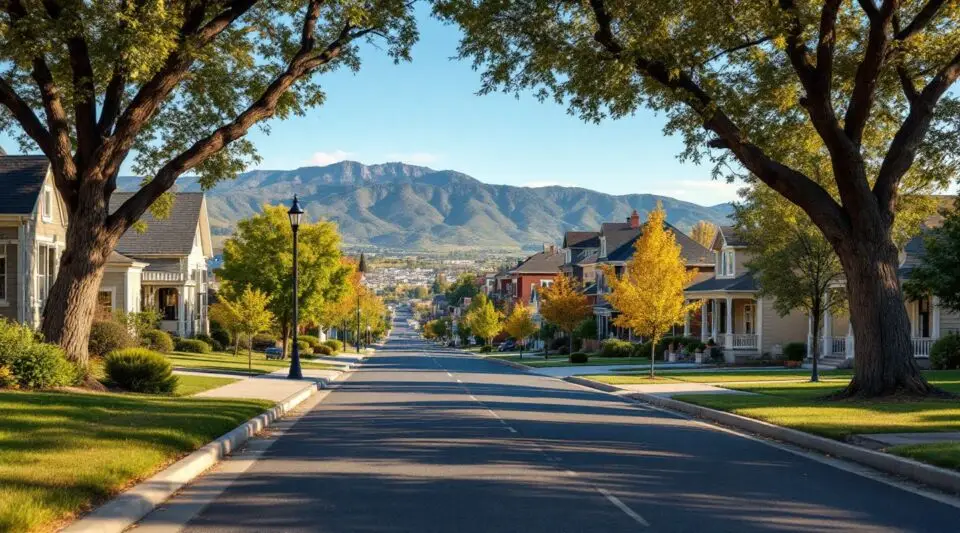 A residential street in Kearns, Utah with mid-century ranch homes under a clear sky near the Oquirrh Mountains.