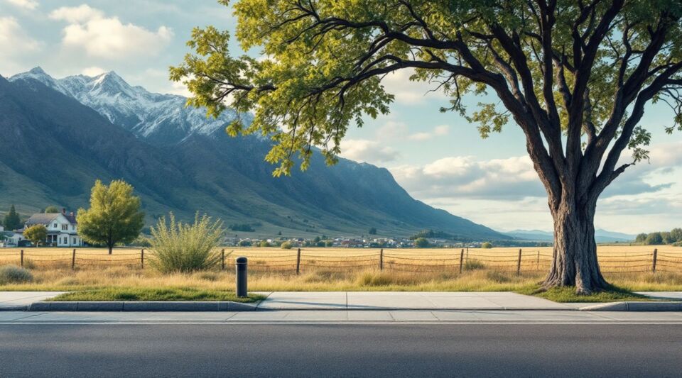A residential street in Sandy, Utah with the snow-capped Wasatch Range in the background, showing high-quality asphalt shingle roofs.