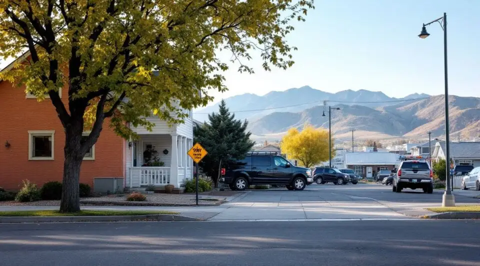A wide shot of a residential street in West Valley City, Utah, showing ranch-style homes with the Oquirrh Mountains in the background