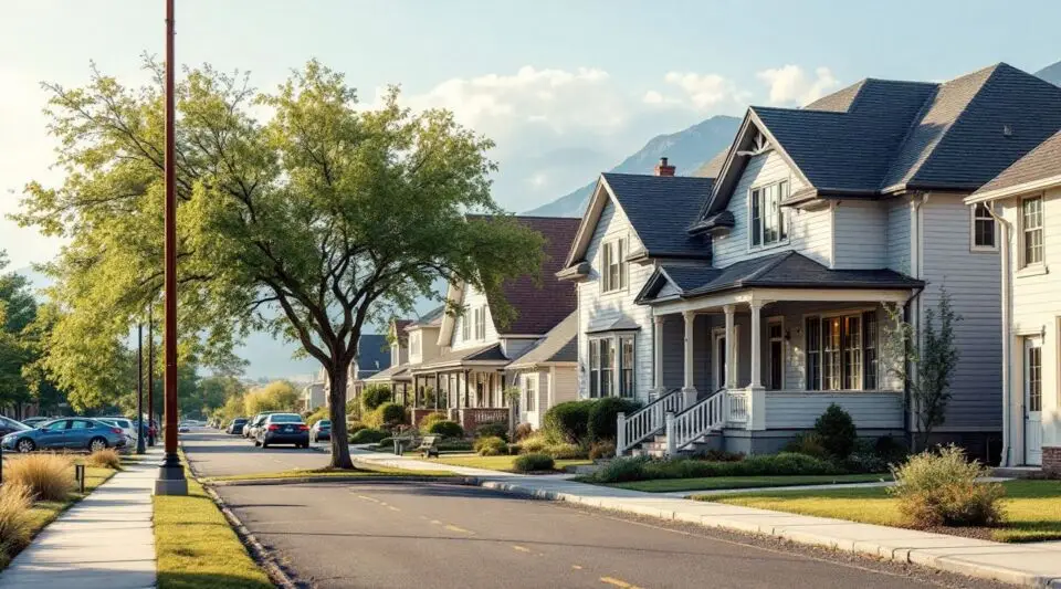 A residential street in Murray, Utah with Wasatch Range peaks in the background, showing a clean asphalt shingle roof.