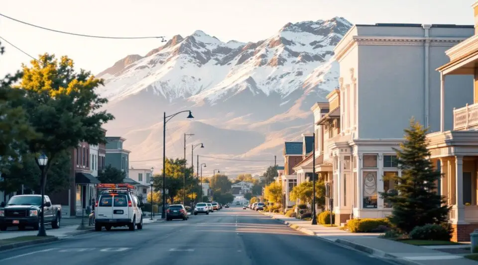 A residential street in Taylorsville, Utah, featuring ranch-style homes with new asphalt shingle roofs under the Wasatch Front mountains.